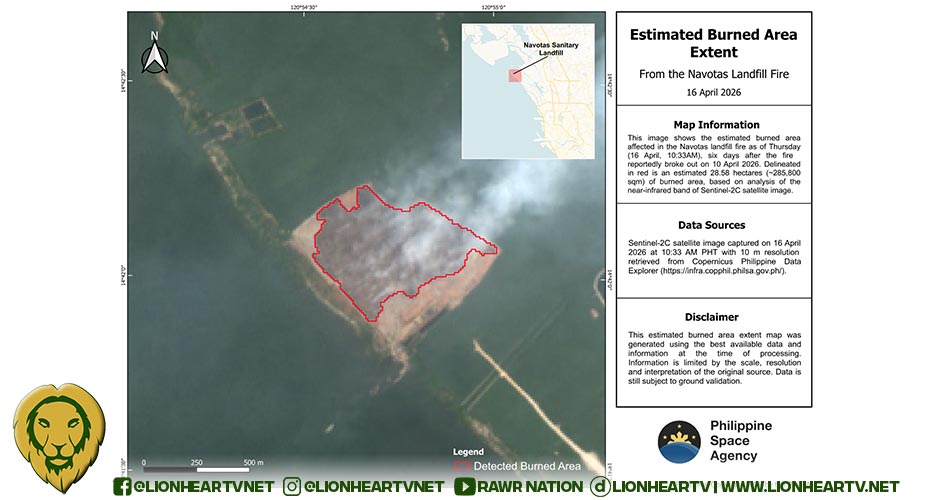 Satellite image on Thursday, 16 April, shows 28.6 hectares burned in Navotas landfill fire